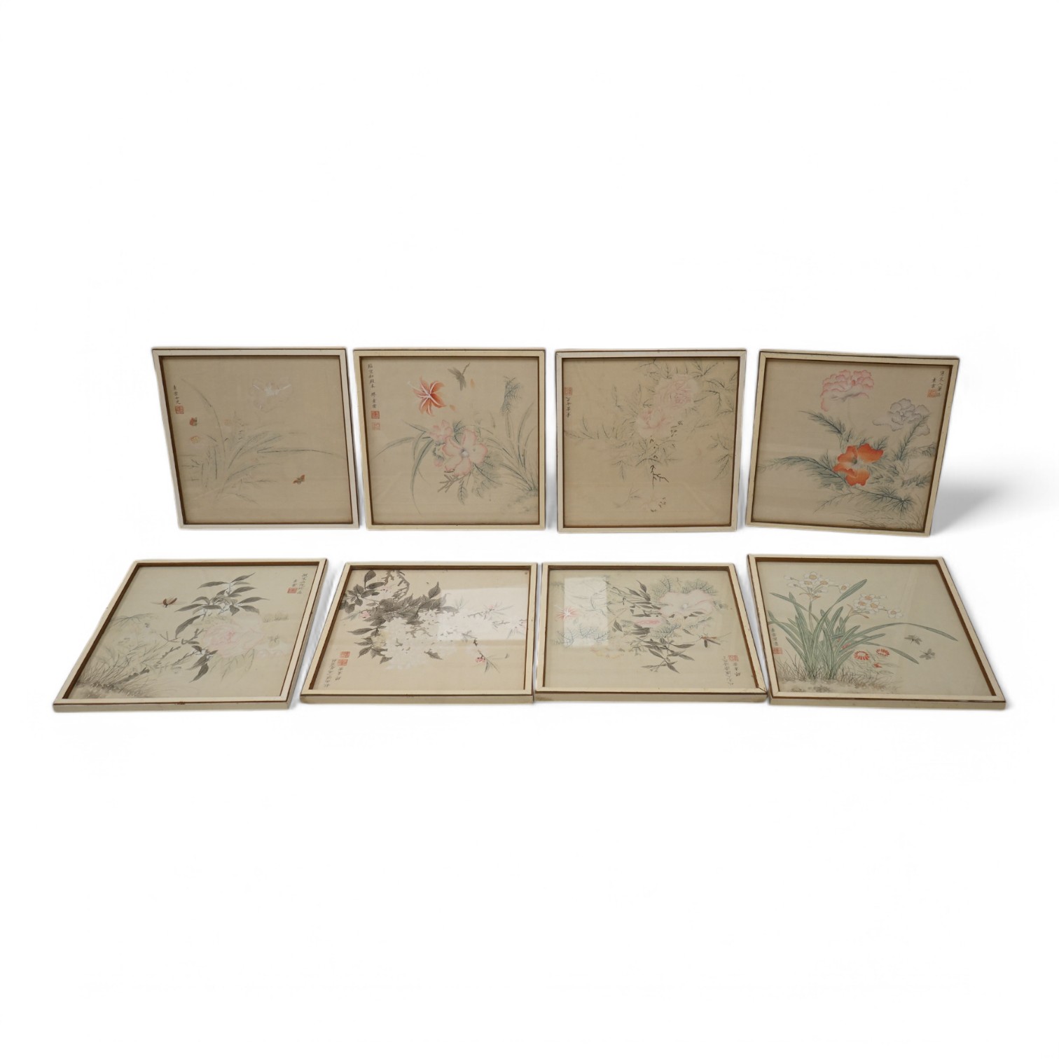 20th century, Japanese School, set of eight watercolours on silk, Flowers and insects, signed with character marks and red seal mark, 27 x 26cm. Condition - fair